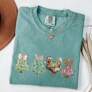 Christmas Tree Chicken Shirt, Comfort Colors Funny Chicken Tee, Holiday Evergreen Chicken Crewneck, Cute Coquette Bow Chicken Lover Gift