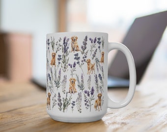 Floral Golden Retriever Mug, Golden Dog Mom Birthday Gift, Lavender Goldie Mom Tumbler, Lilac New Dog Owner Gift Wildflower Large Coffee Mug