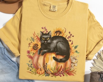 Fall Pumpkin Black Cat Shirt, Comfort Colors Thanksgiving Black Cat Tee, Vintage Halloween Black Cat Crewneck, Autumn Black Cat Lover Gift