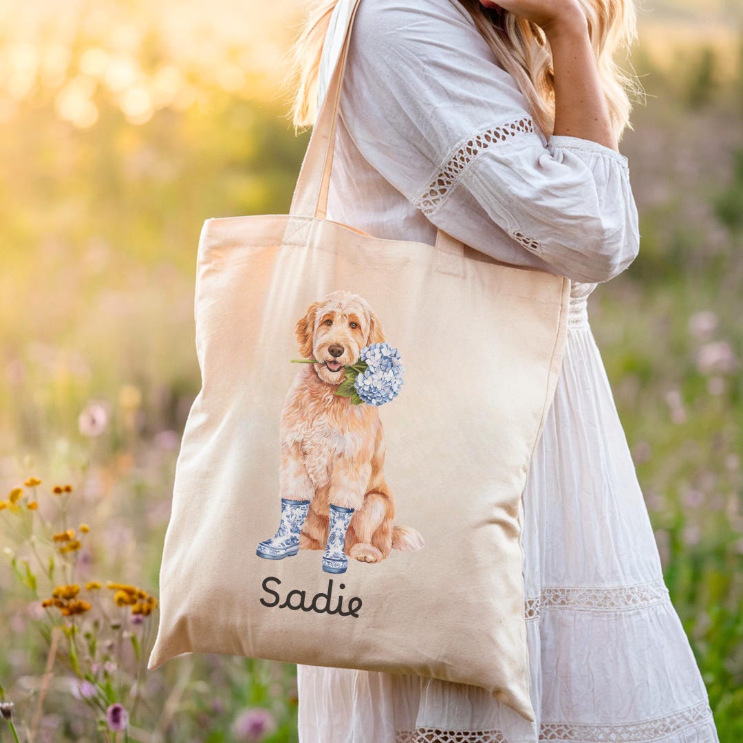 Custom Floral Golden Doodle Tote Bag, Toile Doodle Beach Bag  display picture 3