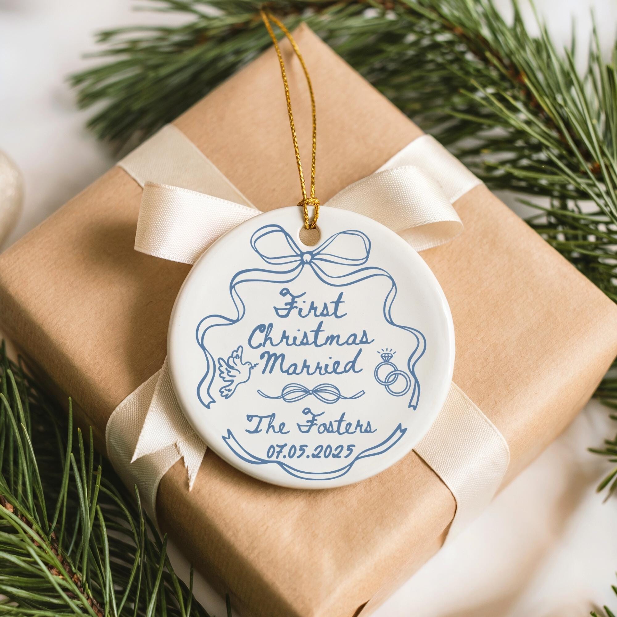 Custom First Christmas Married Ornament, 1st Anniversary Gift, Personalized Holiday Couple Gift, Coquette Bow Mr Mrs  Newlywed Wedding Gift