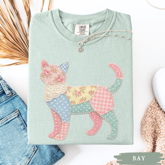 Faux Patchwork Cat Shirt, Comfort Colors Floral Cottagecore Cat Lover Tee, Spring Gingham Polka Dot Vet Tech Gift