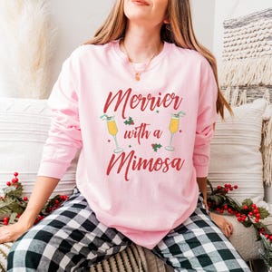 Christmas Mimosa Long Sleeve Shirt, Comfort Colors Champagne Cocktail Crewneck, Holiday Brunch Lover Gift, Xmas Merrier with a Mimosa Tee
