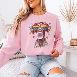 May include: A pink sweatshirt with a brown and white dog wearing rainbow heart-shaped sunglasses and blowing a pink bubble. The dog is surrounded by small pink hearts.