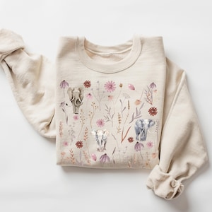 Pressed Flower Elephant Sweatshirt, Boho Floral Crewneck, Wildflower Baby Elephant Sweater, Cottagecore Animal Shirt, Elephant Lover Gift