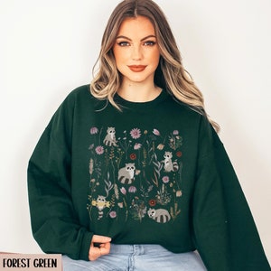 Pressed flower racoon sweatshirt, Floral racoon sweater, Wildflower trash panda crewneck, Racoon lover Christmas gift, Cottagecore wildlife