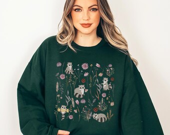 Pressed flower racoon sweatshirt, Floral racoon sweater, Wildflower trash panda crewneck, Racoon lover Christmas gift, Cottagecore wildlife
