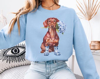 Floral Dachshund Sweatshirt, Doxie Toile Sweater, Dachshund Lover Gift, Coquette Dachshund Teacher Crewneck, Cute Flower Dog Mom Mothers Day