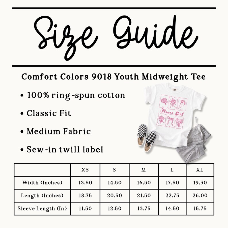 May include: A white youth t-shirt with a pink floral design and the text "Flower Girl." The image includes a size guide with measurements in inches for XS to XL sizes. The shirt is Comfort Colors 9018, made of ring-spun cotton.