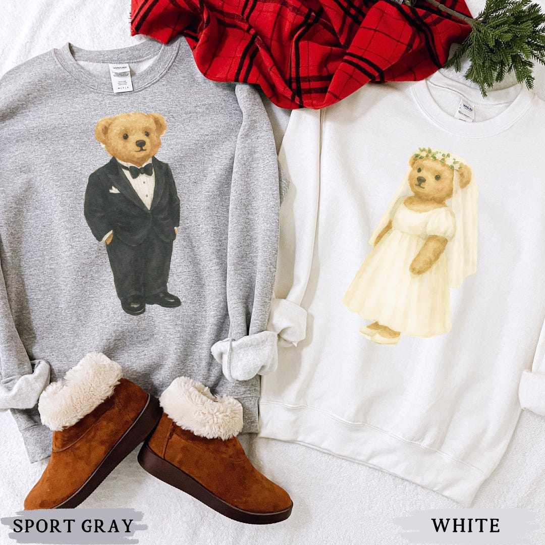 Groom Teddy Bear Wedding Sweatshirt, Preppy Matching Couple Newlywed Crewneck, Cute Trendy Honeymoon Sweater, Mr Mrs Engagement Gift - 2XL, Sport Grey - Groom