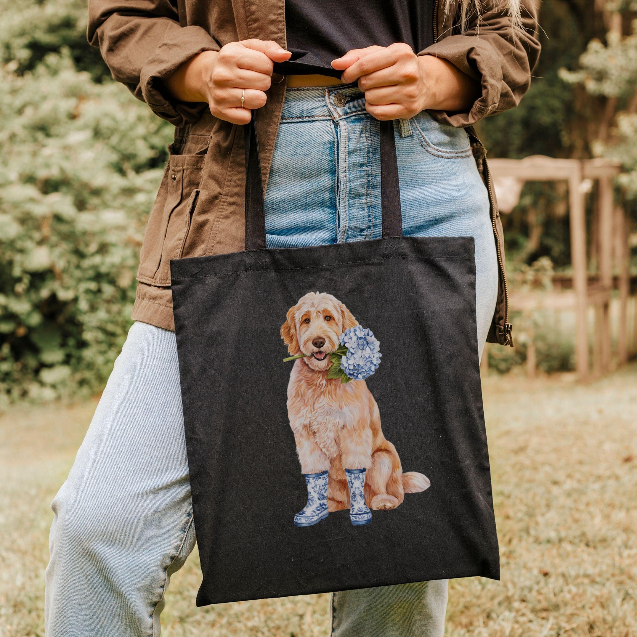 Custom Floral Golden Doodle Tote Bag, Toile Doodle Beach Bag