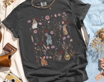 Pressed Flower Rabbit Shirt, Comfort Colors Floral Bunnies Crewneck, Wildflower Bunny Tee, Cottagecore Granola Girl Gift, Vintage Hare Shirt