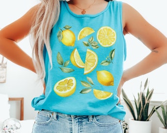 Lemon Tank Top, Comfort Colors Citrus Aesthetic Sleeveless Shirt