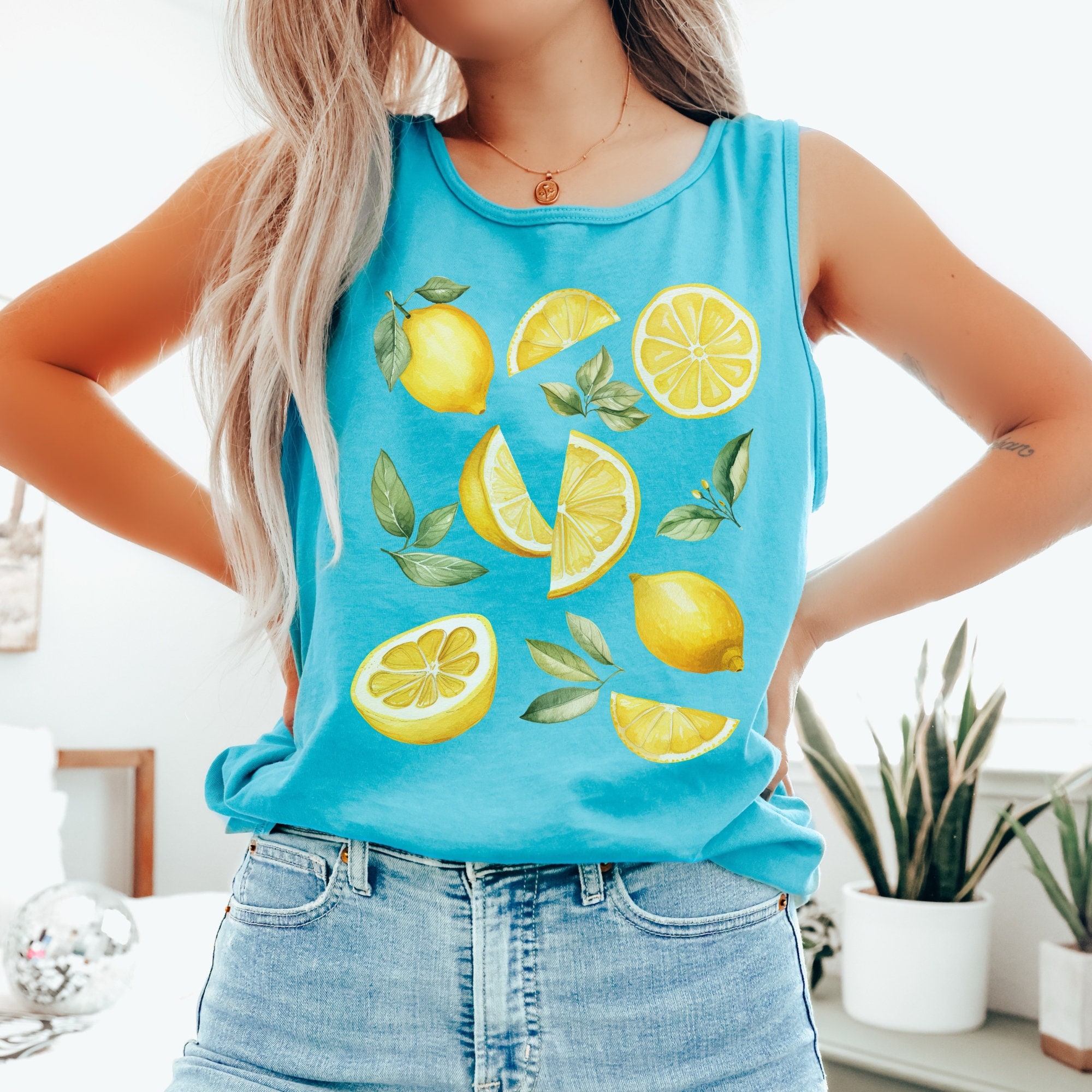 Lemon Tank Top, Comfort Colors Citrus Aesthetic Sleeveless Shirt