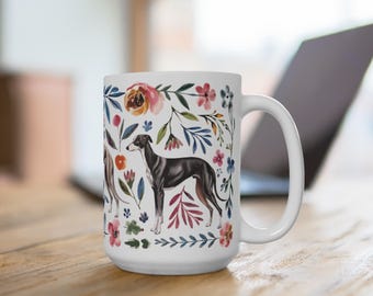 Floral Greyhound Coffee Mug, Flower Greyhound Dog Mom Gift, Cottagecore Greyhound Teacup, New Dog Owner Gift, Watercolor Greyhound Tumbler
