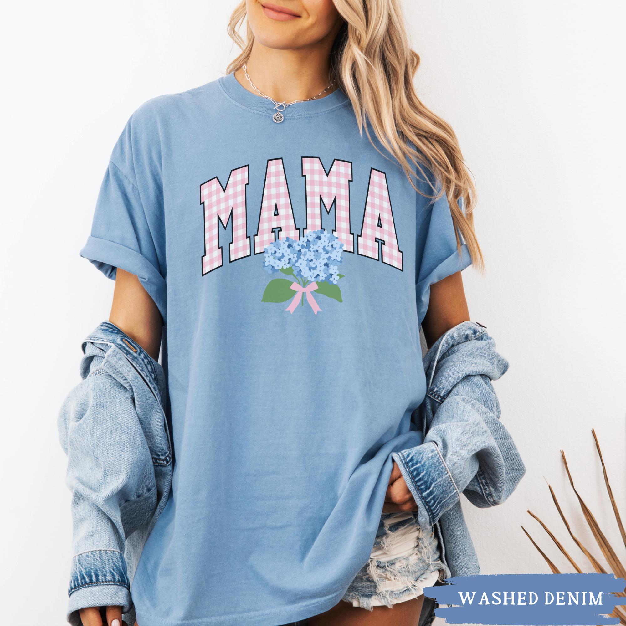 Floral Gingham Mama Shirt, Comfort Colors Hydrangea Tee, Promoted