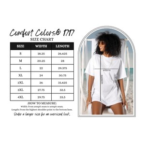 K&ouml;nnte beinhalten: Gr&ouml;&szlig;entabelle f&uuml;r ein T-Shirt mit Ma&szlig;en in Zoll. Die Tabelle zeigt die Breite und L&auml;nge des T-Shirts in verschiedenen Gr&ouml;&szlig;en von S bis 4XL. Comfort Colors 1717.