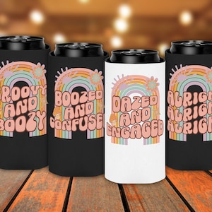 Retro Dazed and Engaged Slim Can Cooler Bridesmaid Proposal Gift, Hippie Boozed and Confused Bachelorette Favor Skinny Beer Cozies Soda Cozy