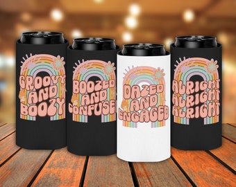 Retro Dazed and Engaged Slim Can Cooler Bridesmaid Proposal Gift, Hippie Boozed and Confused Bachelorette Favor Skinny Beer Cozies Soda Cozy