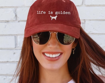 Golden Retriever Embroidered Hat, Life is Golden Dad Cap, Golden Lover Gift, Dog Mom Gift, Embroidery Corduroy Hat, Golden Birthday Gift