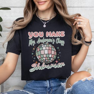 Custom Name Teacher Shirt, Retro Comfort Colors Back to School Crewneck, Disco Ball Shimmer Teacher Team Tee, Groovy New Teacher Gift