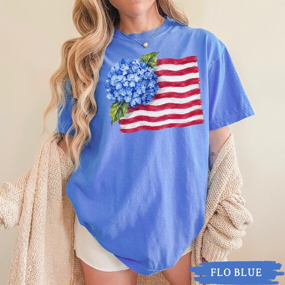 Coastal Hydrangea Shirt, Comfort Colors American Flag Tee, Nantucket July 4th Crewneck, Patriotic USA Americana 250th Independence Day Gift