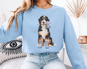 Floral Bernedoodle Sweatshirt, Bernedoodle Toile Sweater, Bernedoodle Lover Gift, Coquette Bernedoodle Teacher Crewneck, Dog Mom Mothers Day