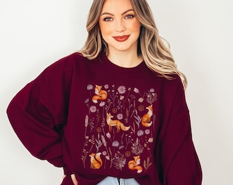 Pressed Flower Fox Sweatshirt, Boho Foxes Floral Crewneck, Wildflower Fox Sweater, Cottagecore Granola Girl Gift, Vintage Fox Shirt