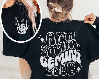 Antisocial Gemini Club Sweatshirt, Retro Zodiac Birthday Gift for Gemini Sweater, Celestial Astrology Gift for Witchy Best Friend Crewneck