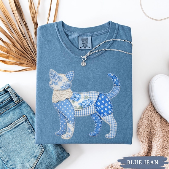 Faux Patchwork Cat Shirt, Comfort Colors Blue Floral Cottagecore Cat Lover Tee, Spring Gingham Polka Dot Vet Tech Gift