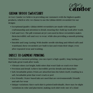 May include: A text-based description of the Gildan 18000 sweatshirt, highlighting its quality, durability, and direct-to-garment printing features. The text mentions superior craftsmanship, pill-resistant air jet yarn, double-needle stitching, ribbed cuffs and waistband, vibrant colors, precision and detail, soft breathable prints, eco-friendly water-based inks, and unique variations.