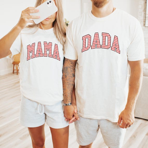 Gingham Mama and Dada Shirt, Comfort Color Checkered New Parent Matching Tshirt, Mom Dad Couple Tee, Pregnancy Reveal Mother Father Day Gift