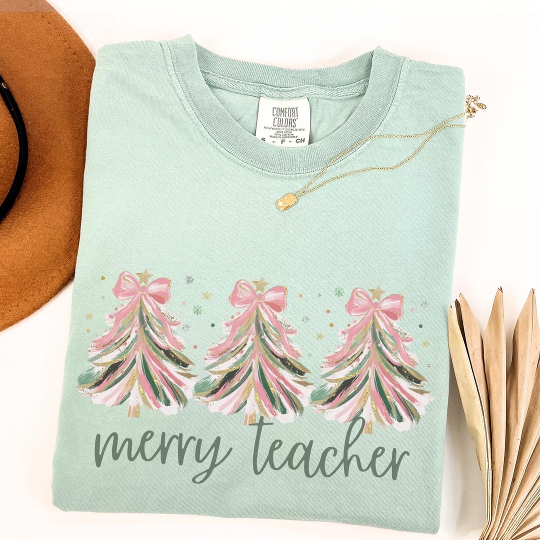 Merry Teacher Pink Christmas Tree Shirt Comfort Colors Xmas Winter ...