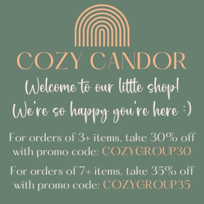 May include: A graphic with the text "COZY CANDOR" and "Welcome to our little shop! We're so happy you're here :)". The image also includes information about discounts with promo codes for orders of 3+ and 7+ items.