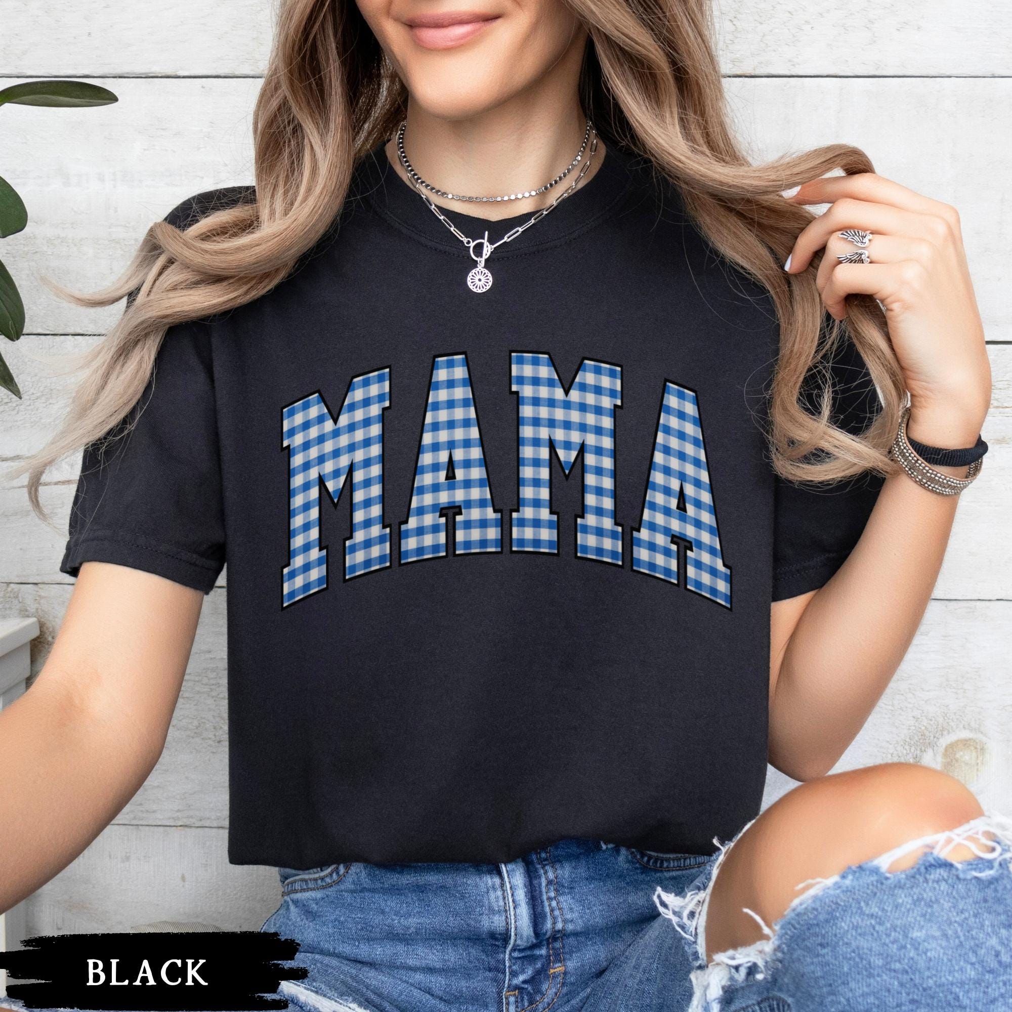 Blue Gingham Mama Shirt, Promoted to Mommy Comfort Colors Tee