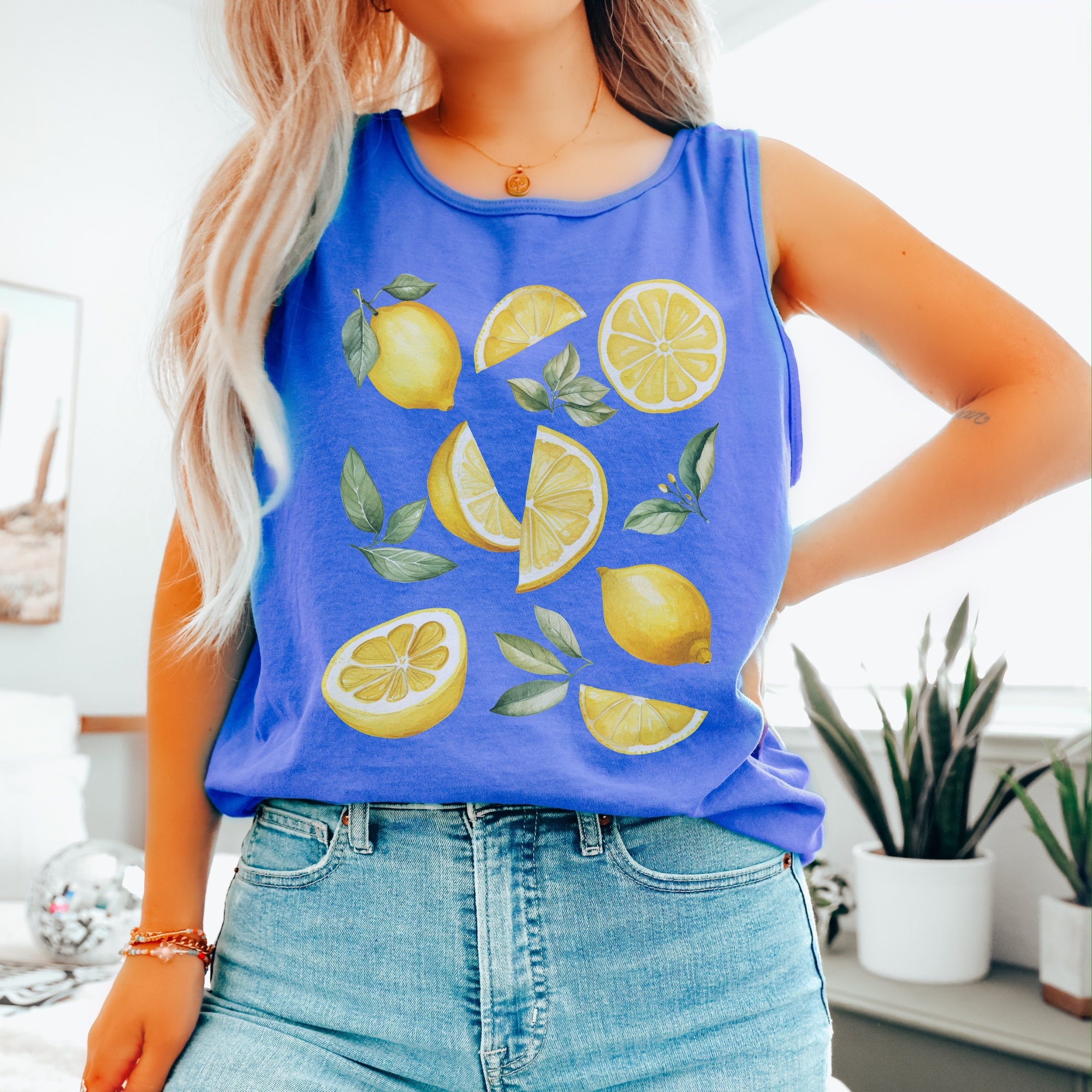 Lemon Tank Top, Comfort Colors Citrus Aesthetic Sleeveless
