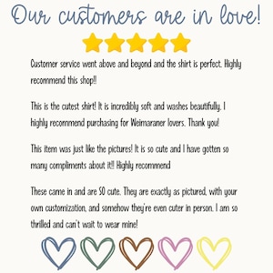 May include: A cream-colored graphic with the text "Our customers are in love!" and customer reviews. The reviews mention a shirt and customer service. Below the text are five gold stars and five heart illustrations in different colors.
