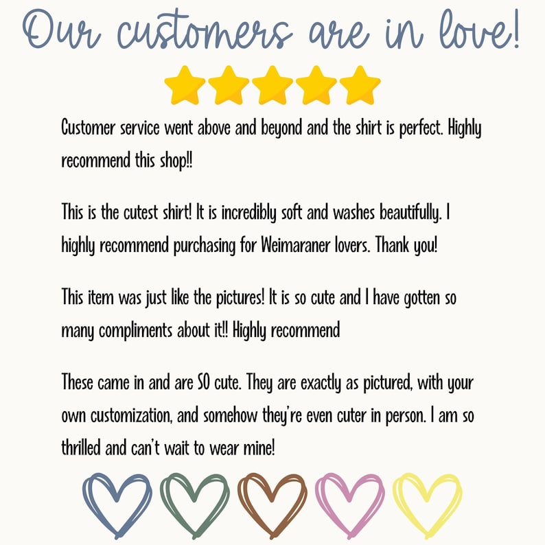 May include: A cream-colored graphic with the text "Our customers are in love!" and customer reviews. The reviews mention a shirt and customer service. Below the text are five gold stars and five heart illustrations in different colors.