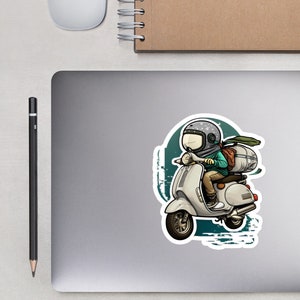 Scooter Sticker | Long Range Scooter Adventure on White Vespa | Kiss Cut, Bubble Free Vinyl Sticker