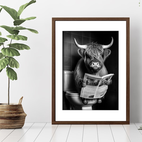 Cute and Funny Highland Cow on a Toilet - Cow Decor, Bathroom Art, Farmhouse Wall Decor, Farmhouse Art, Fine Art Print