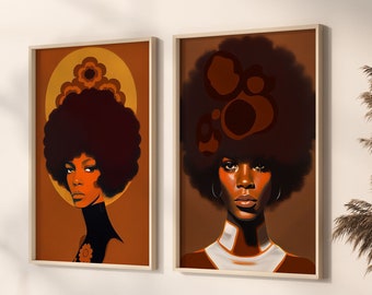 Set of 2 Prints | Retro Afro | Wall Art | Black Art | Black Woman Art | Afrocentric Home Decor