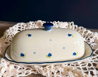 Vintage Blue Floral Stoneware Covered Butter Dish