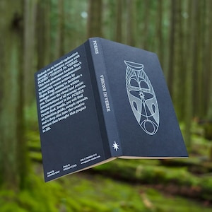 May include: A dark blue book titled "POESIS: VISIONS IN VERSE" with a white geometric design on the cover. The book is open to reveal a white star on the spine.