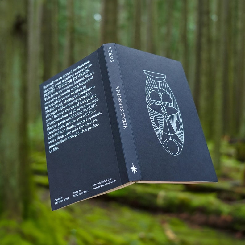 May include: A dark blue book titled "POESIS: VISIONS IN VERSE" with a white geometric design on the cover. The book is open to reveal a white star on the spine.