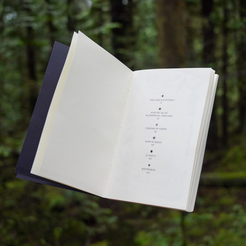 May include: An open book with a white cover and black text. The text includes "The Oracle Within", "Poetry as an Alchemical Process", "Visions in Verse", "How to Read", "Q and A", and "Keywords".