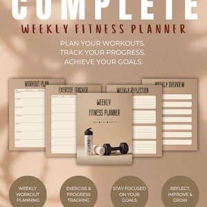 May include: A digital weekly fitness planner set featuring pages for workout plans, exercise tracking, weekly reflections, and overviews. The central cover displays the text Weekly Fitness Planner, Track, Plan, Reflect, a water bottle, and a dumbbell.