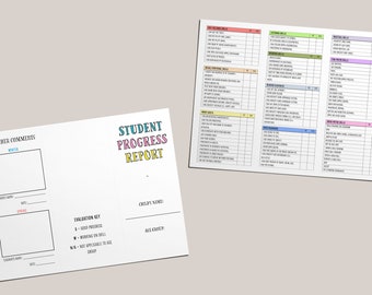 May include: A printable student progress report form with sections for teacher comments, evaluation key, child's name, and age group. The form has a colorful title "STUDENT PROGRESS REPORT" and includes checkboxes for tracking skills.