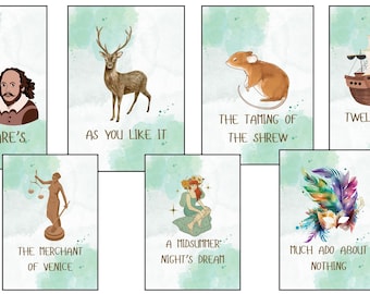 Peut inclure: Un ensemble de 8 cartes imprimables illustrant des illustrations et des textes liés aux comédies de William Shakespeare. Les cartes présentent un portrait de Shakespeare, un cerf, une souris, un navire, une balance de la justice, une fée et un masque de mascarade.