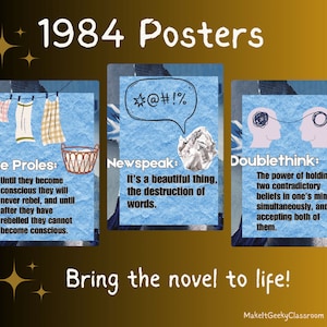 May include: Three posters with blue backgrounds and white text. The posters are for the novel "1984" by George Orwell. The first poster is titled "The Proles" and features a laundry basket with clothes hanging on a line. The second poster is titled "Newspeak" and features a crumpled piece of paper. The third poster is titled "Doublethink" and features two heads with a thought bubble connecting them. The text on the posters is from the novel.
