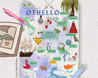 May include: A colorful illustration of the characters from William Shakespeare's play Othello. The illustration is set against a map of Venice and Cyprus. The characters are depicted in their roles, with Othello as the general of the Venetian army, Desdemona as his wife, and Iago as the villain. The illustration is a fun and engaging way to learn about the characters and the plot of the play.